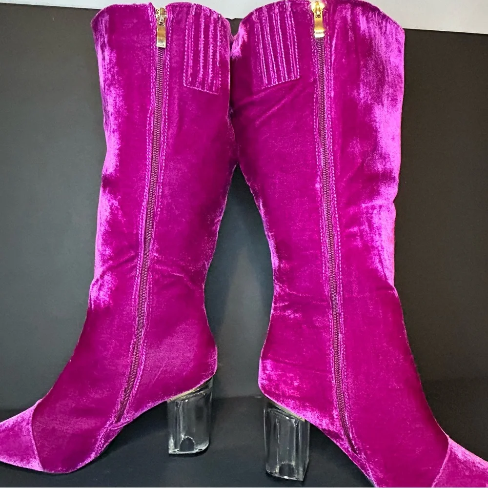 New Wide Calf Size 8W Pink Magenta Velvet With Clear Chunky Heel Boots - Picture 5 of 16